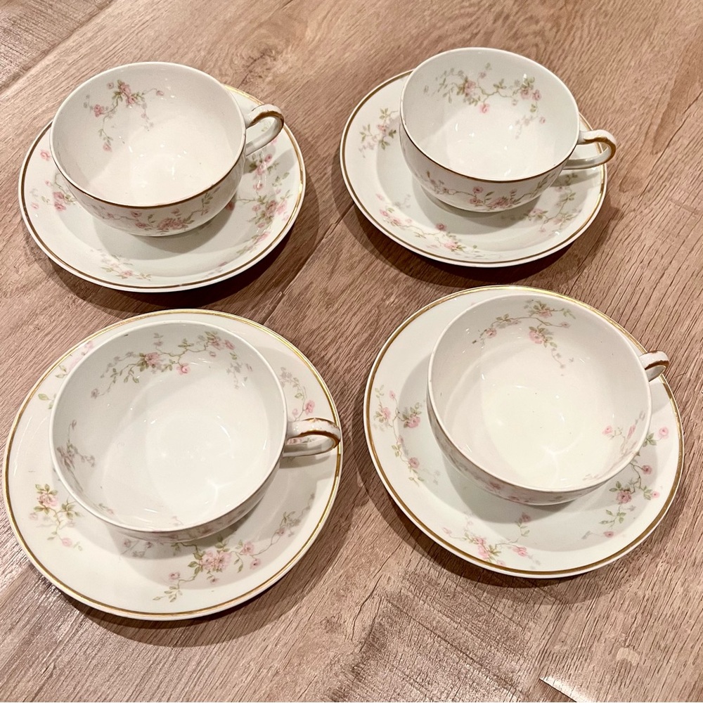 Set‎ Of 4 Theodore Haviland Tea Cups & Saucers Limoges France Pink Flowers Vtg